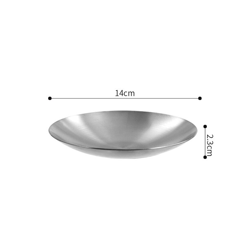 1Pc Stainless Steel Round Sauce Dish Seasoning Plate Kimchi Bowl Korean Soy Dish Snack Dessert Dishes Kitchen Supplies: Silver 14cm