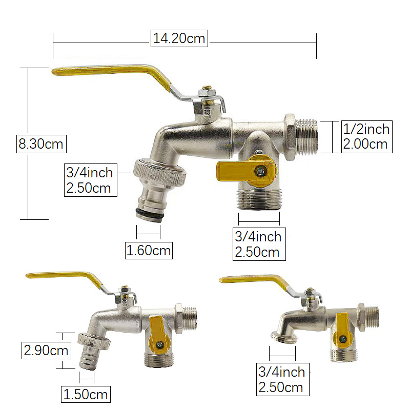 Outdoor Double Water Tap Faucet Exterior Garden Hose Faucet Adapter 1/2" IBC Water Tank Connector 1-Way 2-Way Brass Tap