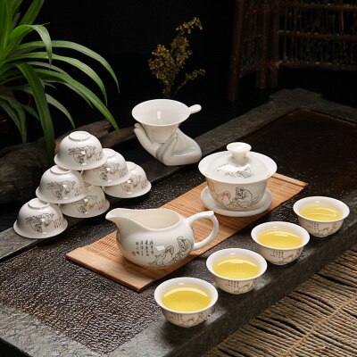 Bone China Ceramic Kung Fu Tea Set Relief Dragon Porcelain 14pcs of Tea Suit with Gaiwan Tea Cups W $: J