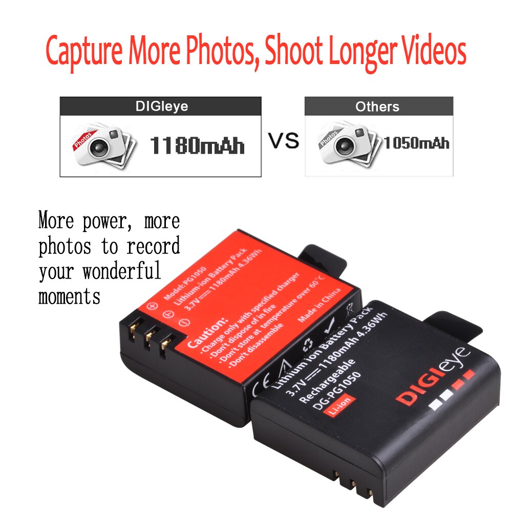 3Pcs 1180Mah PG1050 Oplaadbare Batterij + Lcd Dual Charger Voor 4K Action Camera Akaso EK7000 Eken H9R sjcam SJ4000 Dbpower