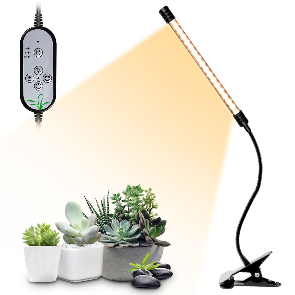 Usb plant odlingsljus solljus vit fullspektrumbelysning bordsklämma odlingslampa för växter 5 dimbara nivåer 4/8/12h timer: 1 huvud