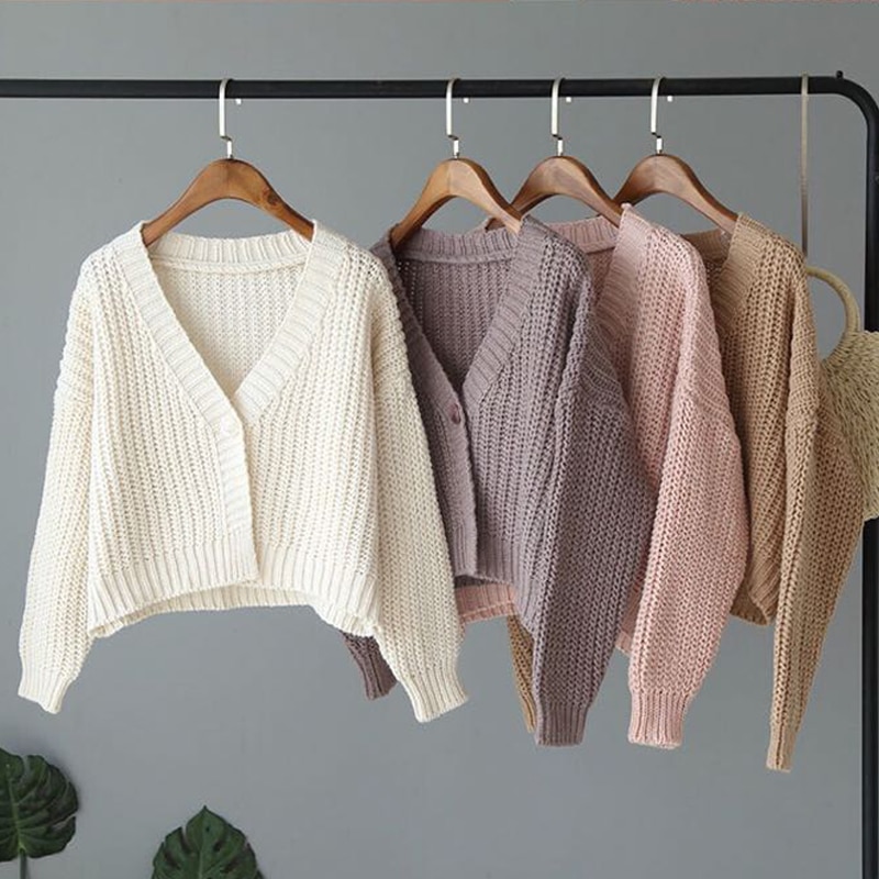 Høst dame retro stil ensfarget en knapp løs v-hals strikket cardigan genser damejakke rosa hvit