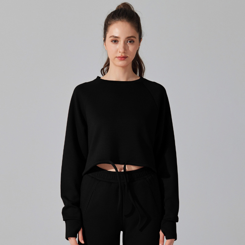 Frauen verlieren Sport Hemden Yoga Laufen Taille Zeichnung Lange Ärmel oben draussen Erholung trainieren Ausbildung Sweatshirt Winter: M / Schwarz