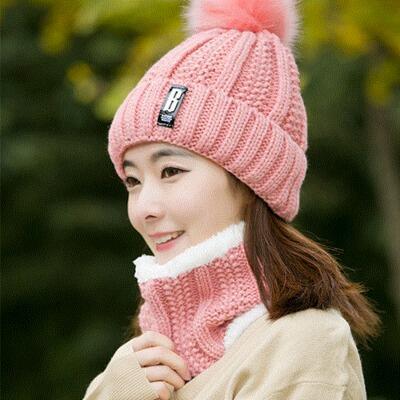 Neck warm Balaclava knitted winter hat Big Fur pom poms ball Knitted hats scarf set women Beanie Hat thick Skullies female cap: pink Hat and Scarf
