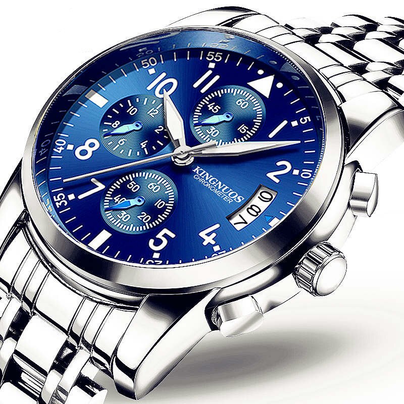 Horloges Mannen Luxe Kingnuos Mannen Sport Horloges Waterdichte Volledige Steel Quartz Heren Horloge Klok (Kleine Wijzerplaat decoratie): Blauw