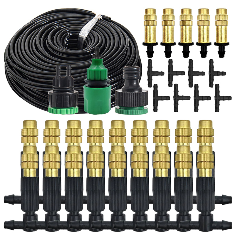 Sistema de enfriamiento por nebulización para exteriores, 10-30M, 4/7PVC, riego de jardín, boquillas atomizadoras de latón ajustables de 1/4 pulgadas, microaspersores