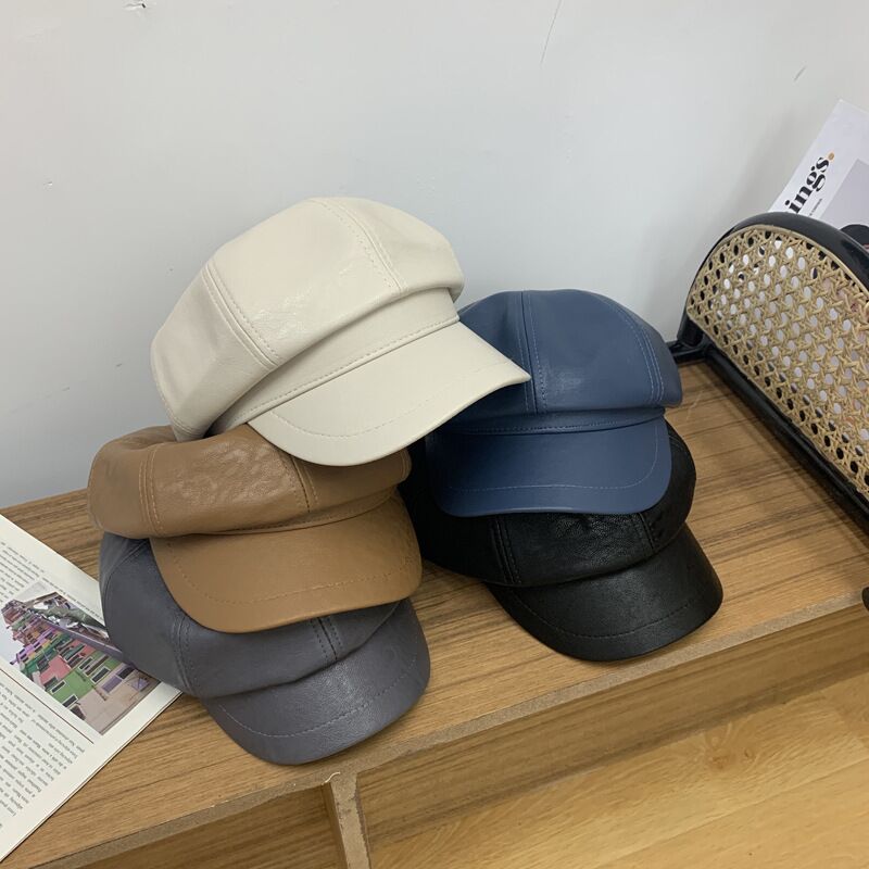 Solide PU cuir octogonal chapeaux pour femmes automne hiver angleterre rétro gavroche casquettes femme peintre casquettes décontracté visières chapeau