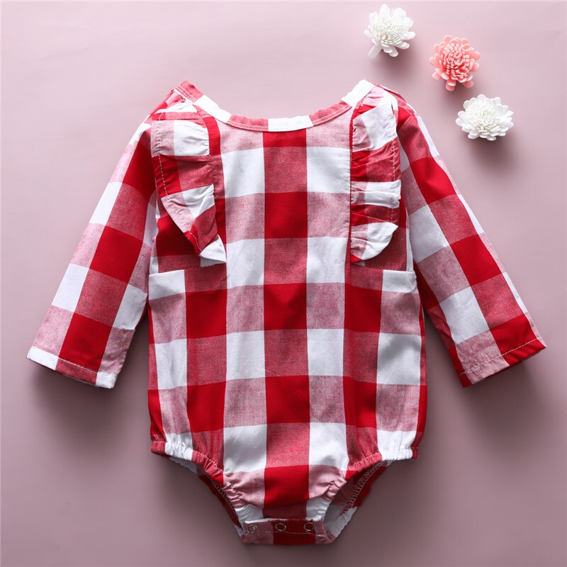 Baby jumpsuit met ruitjesprint, peuterkleding, o-hals, lange mouwen, kanten ruches, body's, babykleding voor meisjes: 18 24 maanden