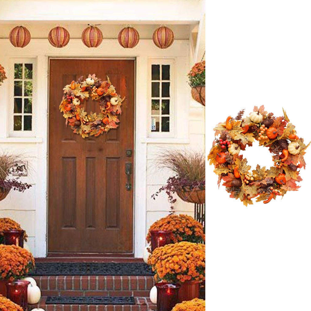 Herfst Maple Leaf Krans Pompoen Krans Oogstfeest Deur Opknoping Krans Voor Halloween Thanksgiving Decoratie Q40