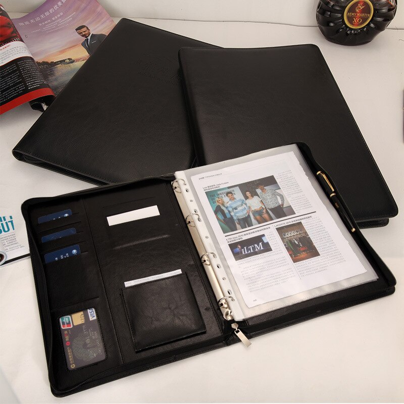 A4 dokumentmappe pu læder lynlås ringbinder konference taske forretning dokumentmappe kontor skole levering med lommeregner notesbog
