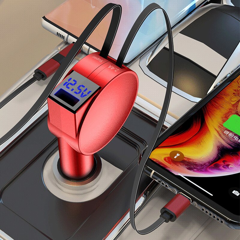Drei-in-eins-autoladegerät mit zwei ausziehbaren kabeln 60w schnellladeadaptern und einem usb-c-anschluss für iphone und android.
