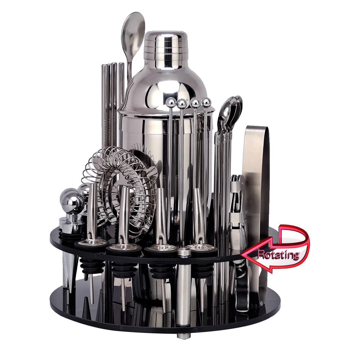Bartender Kit, Cocktail Shaker Set With Rotating Acrylic Holder. Home DIY Suit for Mixed Drinks Martini Bar Tools Perfect