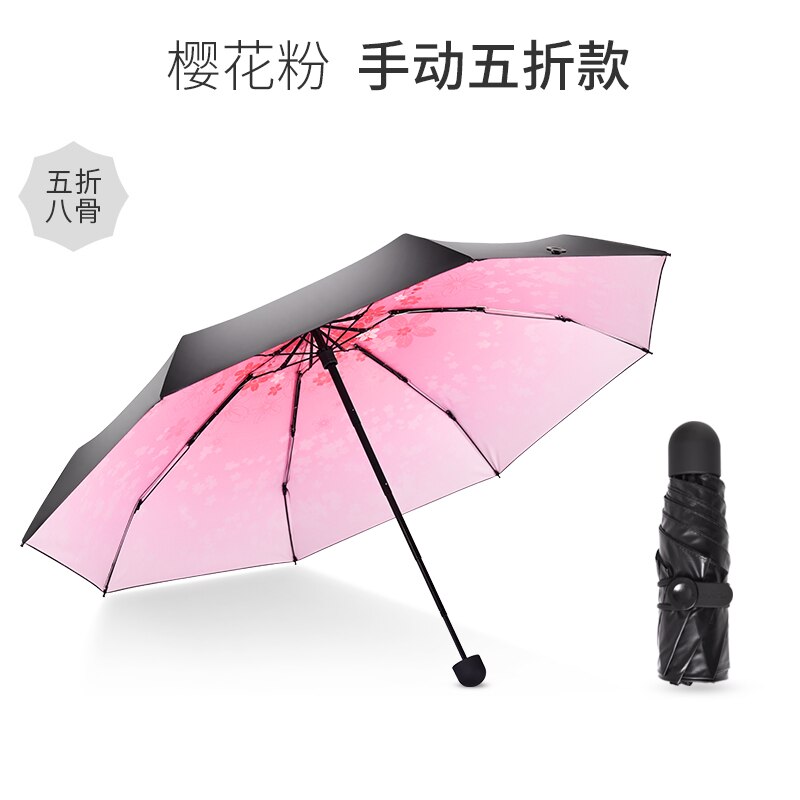 Mini paraguas coreano de protección Uv 5 paraguas plegable Upf50 + paraguas sombrilla de recubrimiento negro de mujer paraguas Sakura de U6B: C
