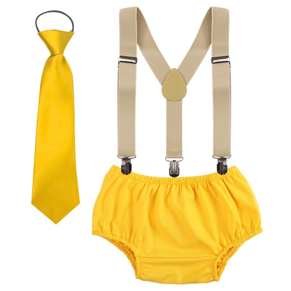 Vêtements pour bébé garçon et fille, tenue de fête d'anniversaire, short à bretelles et cravate, mignon, 3 pièces, pour séance Photo: Yellow