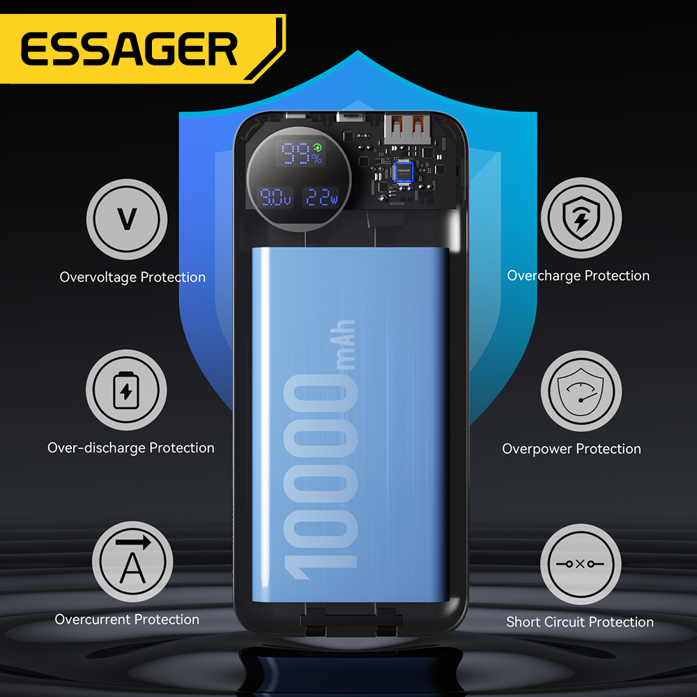 Essager Power Bank 20000mAh Portable Charger with Built-in Cable Digital Display Battery Capacity 22.5W For iPhone 15 14 13 pro