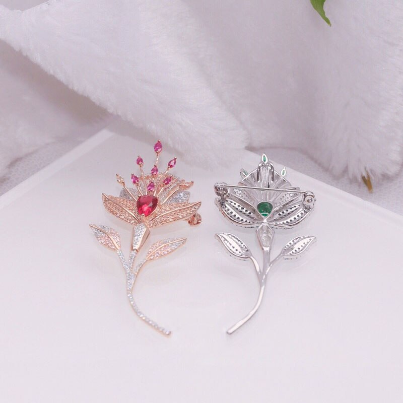 925 Sterling Silver Brooch - Pink & Blue Flower Inlay Zircon Stones - Women's Party Jewelry