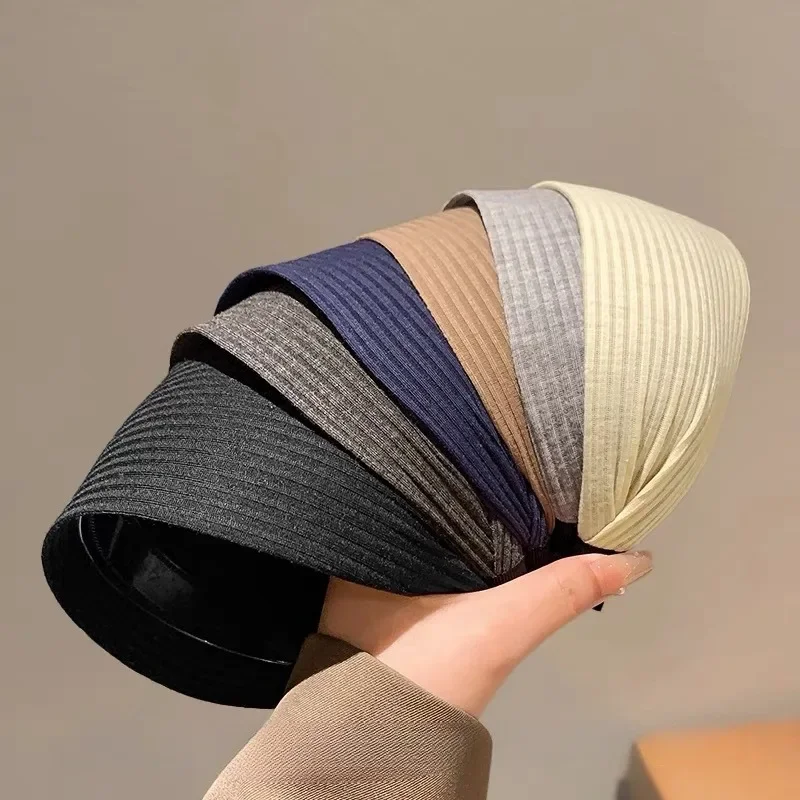 Mjuka, breda stickade hårband i bomull för kvinnor och flickor, koreansk, neutral, enfärgad turban med tänder, huvudband, huvudbonadsaccessoarer