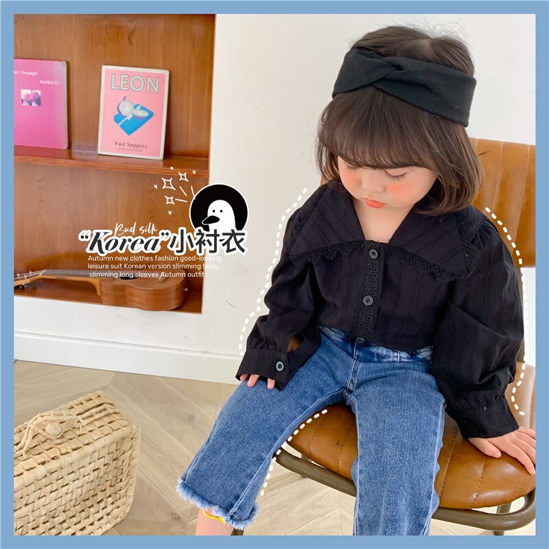 Meisjes Herfst Kant Kraag Shirt Baby Meisje Lange Mouwen Blouses Peuter Kids Effen Kleur All-Match katoen Mode Tops