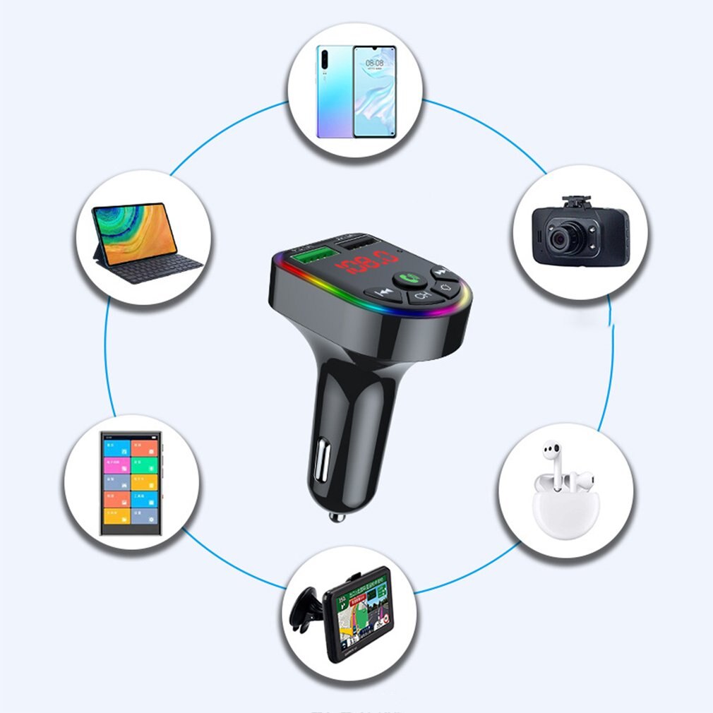 Ambient Light 5.0 FM Transmitter Car MP3 Player Wireless Handsfree Audio Receiver USB Fast Charge TF U Disk Play