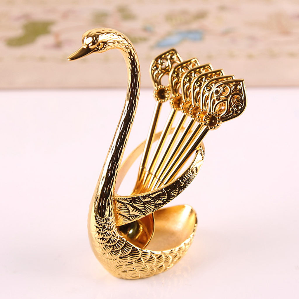Stainless Steel Dinnerware Set Decorative Swan Base Holder with 6 Spoons for Coffee Fruit Dessert Stirring Mixing: Golden