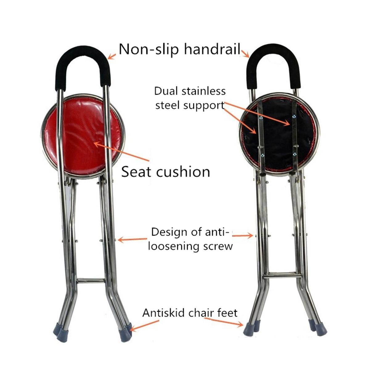 Bastón plegable 2 en 1 para cuidado de ancianos, silla con cuatro patas de hasta 150 KG, asiento ajustable, muleta portátil