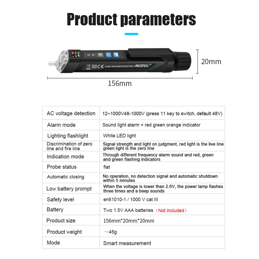 MESTEK AC20 Digital 12-1000V AC Voltage Detectors Non-Contact Tester Pen Tester Meter Volt Current Electric Test Pencil