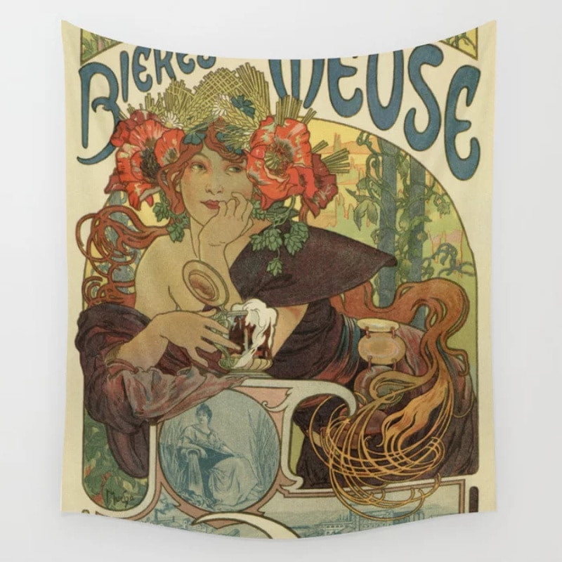Alfons Mucha Art bière Ad tapisserie tenture murale décoration couvre-lit literie rideau feuille serviette jeter respirant