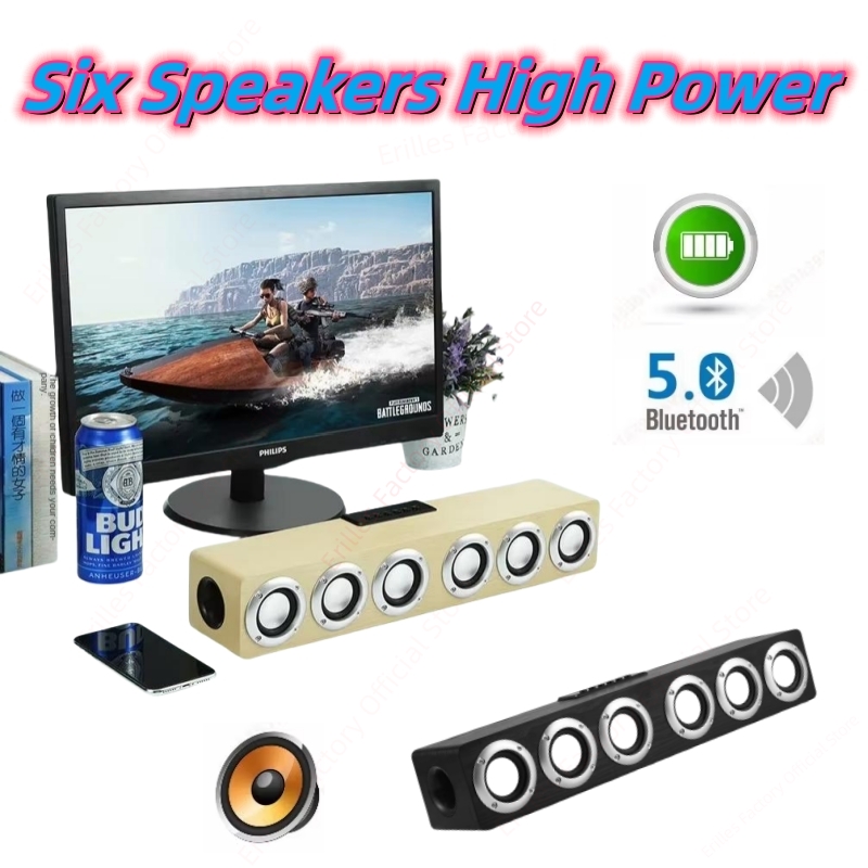 Super kraftfuld bluetooth-højttaler med seks subwoofere i træ, hjemmebiograf med tv-lydboks, soundbar med surround-stereo, tf-disk, u-disk