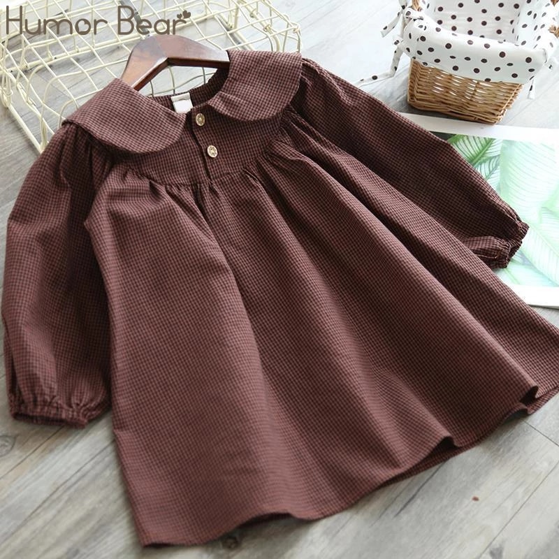 Humor niedźwiedź moda dla dzieci ubrania dziewczyna pled kołnierzyk dla lalek z długim rękawem sukienka dzieci księżniczka sukienki dziewczynek odzież stroje