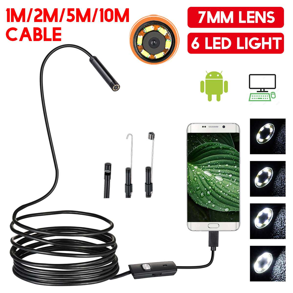 Adjustable 7mm Endoscope Camera Flexible IP67 Waterproof Micro USB Inspection Borescope Camera for Android PC Notebook 6LED