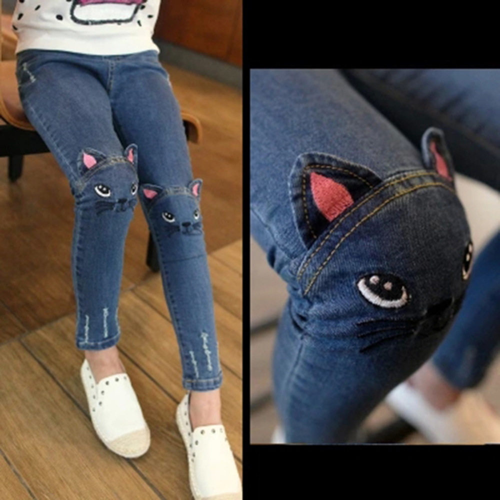 Børne jeans til piger tøj koreansk kat babybukser broderede jeans denim bukser stretchy stof børnebukser 3-8 år