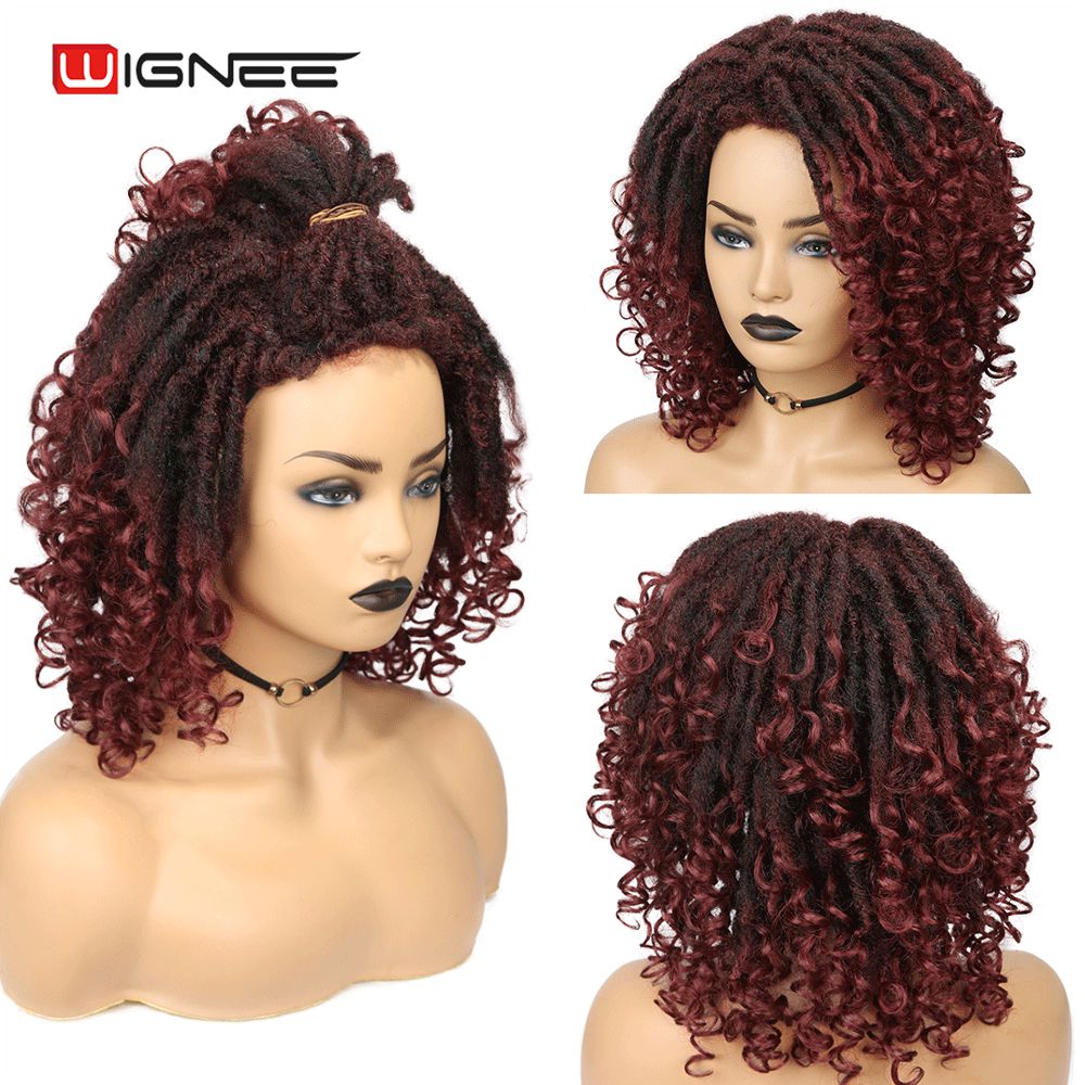 Wignee court bordeaux synthétique perruques tressage Crochet torsion pour les femmes noires Faux locs Dreadlock redoute fibre américaine cheveux perruque