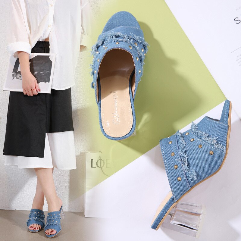 Denim Stud transparent high heels 5cm shoes women slippers peep toe jeans rivet slingback sandals slip on femmes sandalias C867