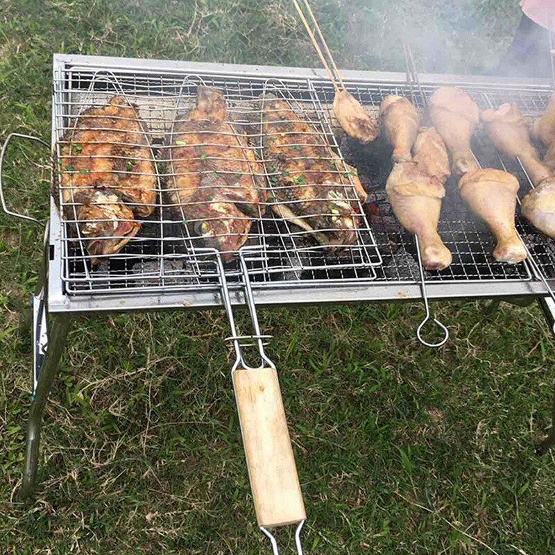 BBQ Fish Grill Net Barbecue Grilling Fish Rack Non-Stick Triple Fish Grilling Basket Wood Handle Barbecue Tool