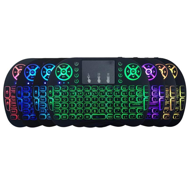 7 färger bakgrundsbelyst  i8 mini trådlöst tangentbord 2.4g engelska ryska spanska luftmus handhållen pekplatta för android tv box mini pc