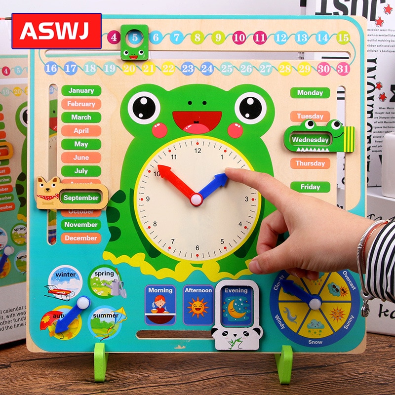 Qwz Houten Speelgoed Baby Weer Seizoen Kalender Klok Tijd Cognitie Puzzel Voorschoolse Educatieve Leermiddelen Speelgoed Voor Kinderen