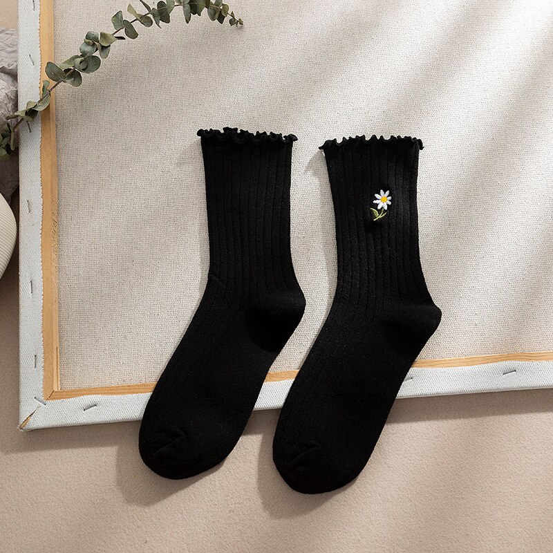 CHAOZHU Summer Spring Thin Loose Socks Daisy 8 Colors Long Women Sox Sweet Cute Cotton Knitting Rib Korea Japanese: black
