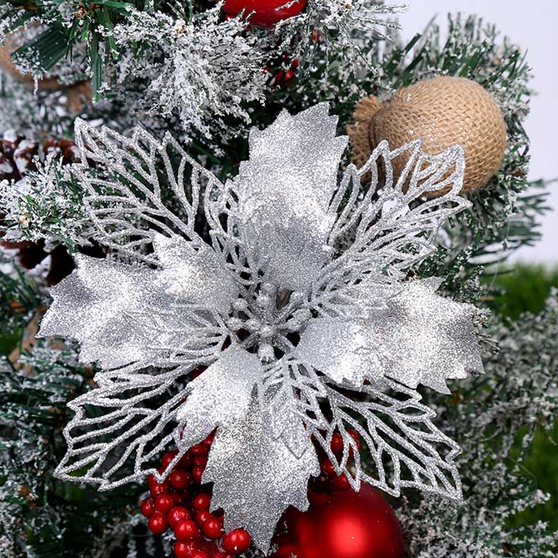 Arbre suspendu 10 pièces/ensemble fleur de noël Poinsettia fête décoration offre spéciale 9/11/16CM populaire paillettes: Argent / 11CM