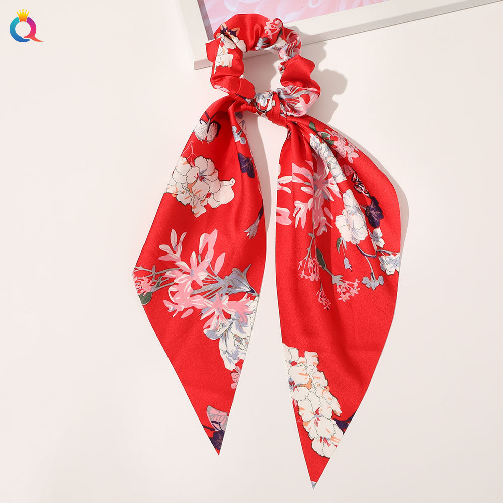 Floral Print Scrunchies Chiffon Bow Elastic Hair Bands Women Hair Ties Rubber Bands Ponytail Scarf Hair Accessories: green
