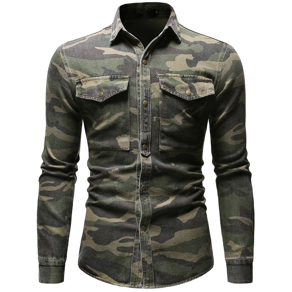 Spring and Autumn Men's Camouflage Denim Shirt Slim Long Sleeve Casual Jacket
