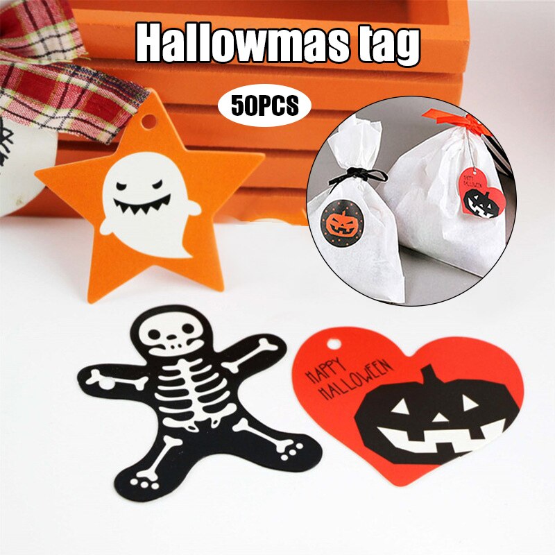 50 stk slik æske hængemærker halloween dekorationer tegneserie kranie flagermus græskar tags til børn emballage taske indretning bil bjstore