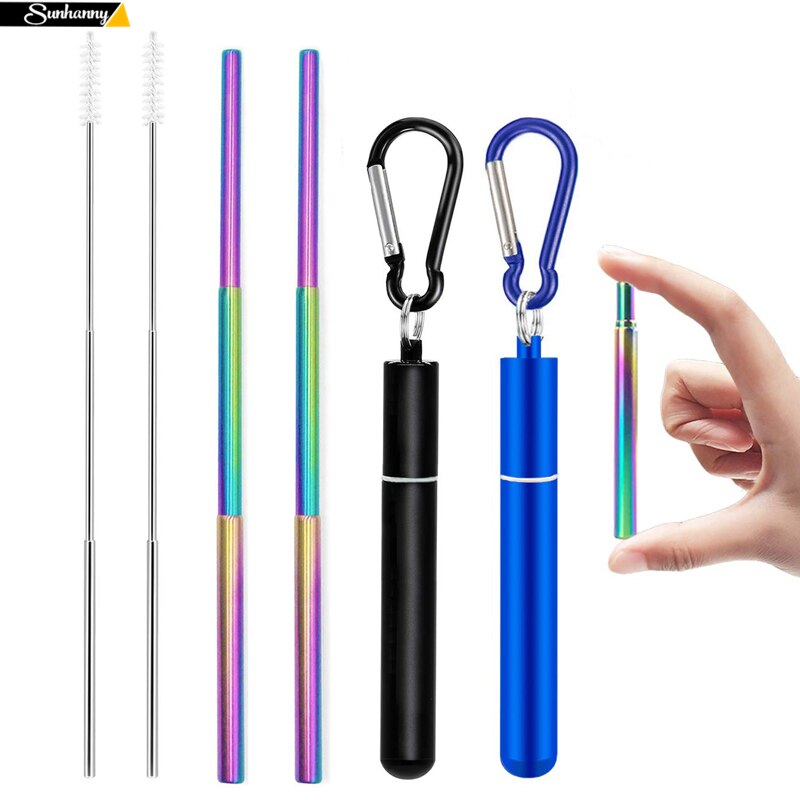 Paille télescopique en métal, réutilisable, pliable, portable, en acier inoxydable, avec brosse et étui pour les voyages en extérieur