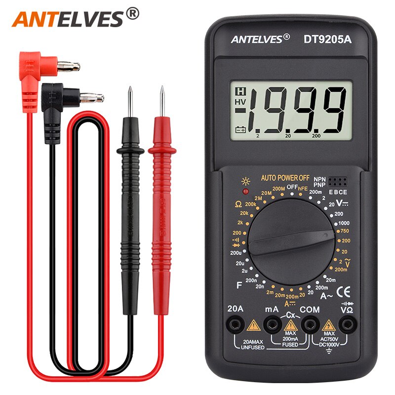 Digital Multimeter Tester Electrical Test Meter Voltmeter With Buzzer Resistance Capacitance Test Leads DT9205A