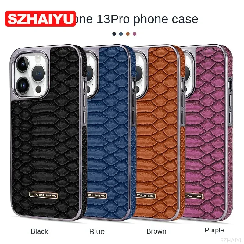 Luxury Python Texture Leather Electroplating Phone Case For iPhone 15 14 13 12 16 Pro Max Back Cover with Built-in Flannel