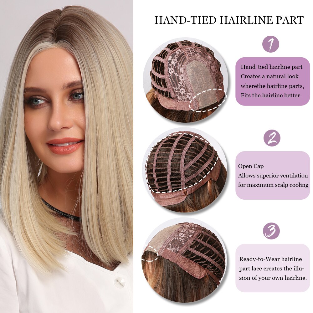 GEMMA Medium Straight Synthetic Wigs Ombre Black Brown Blonde White Highlight Wigs Middle Part Hair for Women Heat Resistant