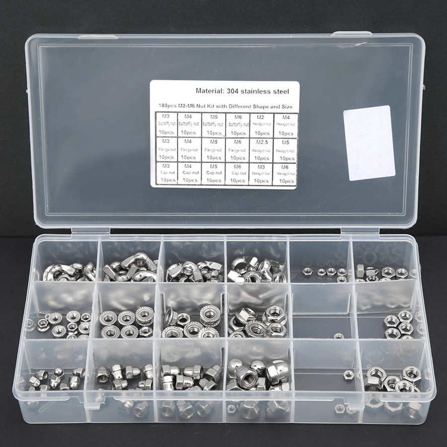 180Pcs Durable Stainless Steel Nuts Wing Flange Hex Nuts M2 M2 5 M3 M6