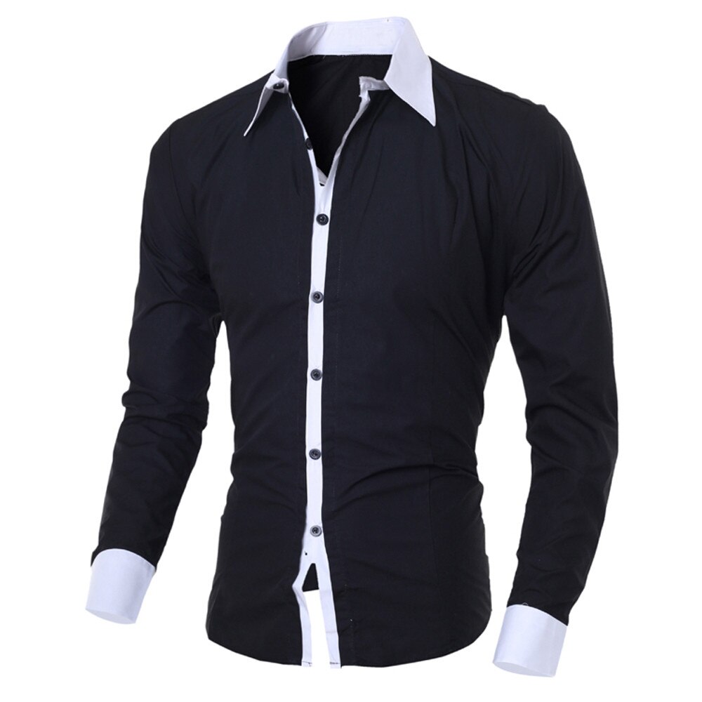 Camisa de manga larga ajustada para hombre, Camisa Masculina de , informal, a la , con botones: Black / L