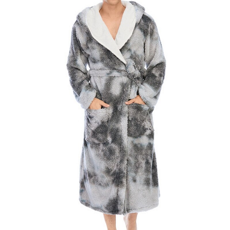 Winter Warm Flannel Bathrobe Men Knee-Length Bath Robe Soft Thick Tie-dye Print Plush Hooded Robes Male Dressing Gown Sleepwear: grey / L