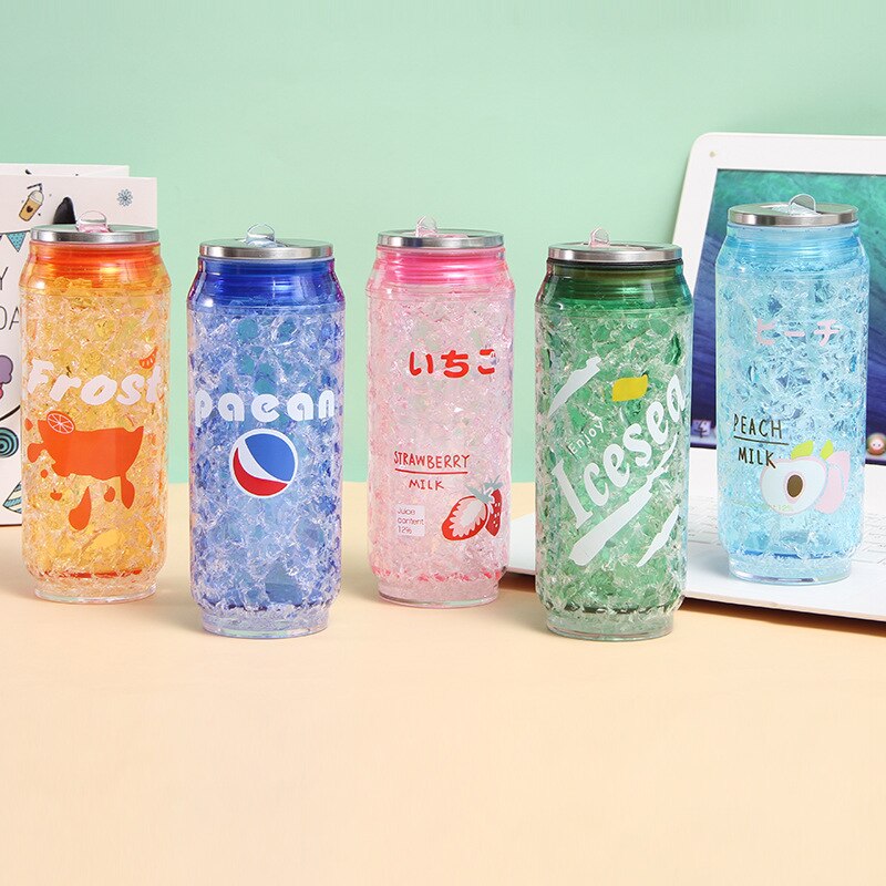 Śliczne dwuwarstwowa plastikowa butelka wody koksowniczej zgnieciona słoma lodowa 450ml kubek BPA bezpłatne naciskać pokrywa podróż oraz wycieczka Puchar prezent urodzinowy