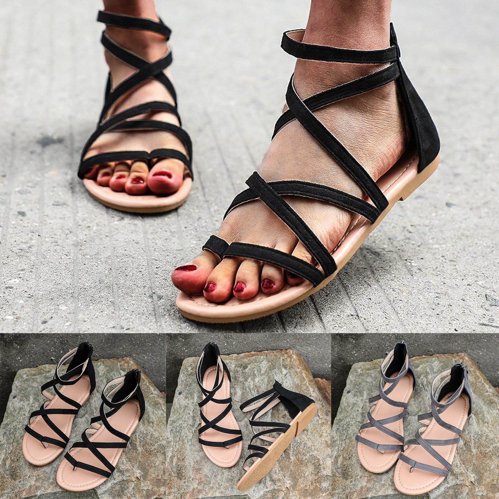 Sandales plates d'été à fermeture éclair pour femmes, chaussures de plage à bout ouvert, respirantes, D4,
